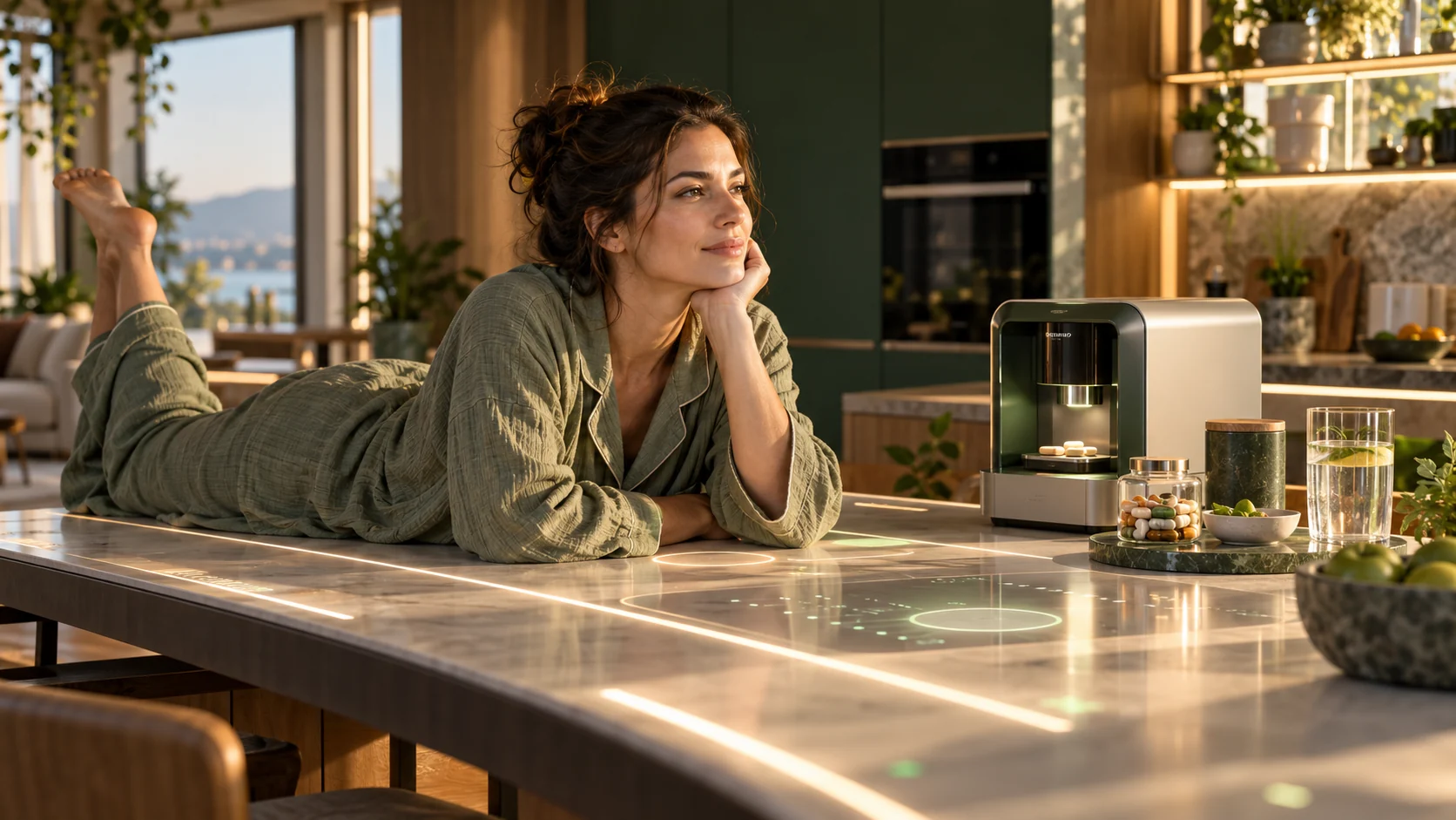 Escena imaginada de una mujer en una mesa de cocina con sensores y un dispositivo futurista